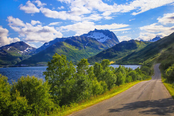 View of Highway 83 along Gullesfjord on Hinnoya Island, Vesteralen archipelago, Northern Norway.