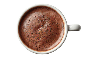 Overhead view of a steaming mug of hot chocolate.  Rich, frothy dark brown drink in a simple white cup