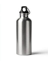 Sleek and Stylish Stainless Steel Water Bottle with Black Cap on White Background for Hydration