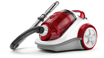 Naklejka premium Modern Vacuum Cleaner with Red Container and Hose for Efficient Home Cleaning and Dust Removal