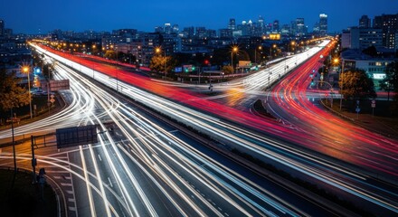 Urban Nightscape: Long Exposure Captures Car Light Trails on City Highway