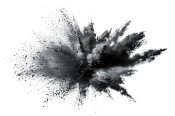 Abstract monochrome explosion.  A grayscale image shows a powerful explosion, with particles radiating outward in a chaotic, symmetrical pattern.  Darker shades concentrate towards 