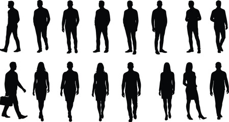 Silhouette of business people walking and standing, professional male and female figures, office characters set, modern corporate concept, black vector illustration design