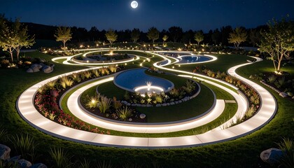 Beautiful Garden at Night with Illuminated Paths and Water Feature
