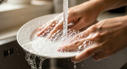 Fototapeta premium Washing a decorative plate under running water with soapy bubbles in a kitchen sink