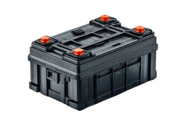 Black plastic battery box, angled view.  Four orange caps are visible.  Industrial design