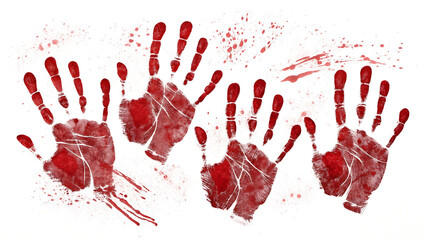 Four red handprints with splatters on a white background creating a spooky and artistic design