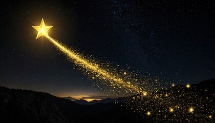 Golden star trails across a night sky over mountains