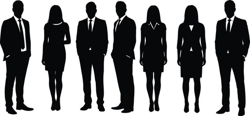 Silhouettes of business professionals, men and women standing together, front view group in corporate attire, black figures isolated on white background, vector illustration
