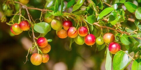 Fototapeta premium A branch of ripe, colorful fruits hangs in the sunlight amongst green leaves.
