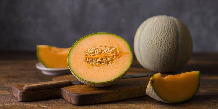 Cantaloupe fruit on a wooden cutting board, highlighting the textures and details of the sweet melon.