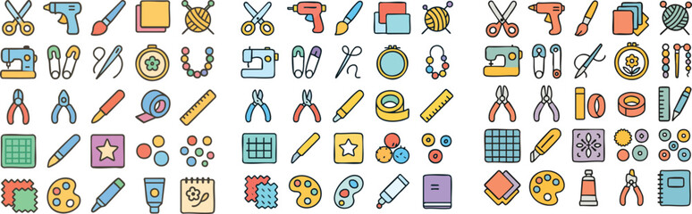 Colorful Craft and DIY Supplies Icon Set.