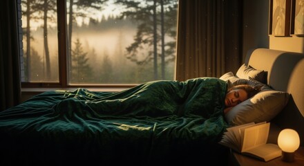 Woman asleep under green velvet blanket with forest view and bedside lamp