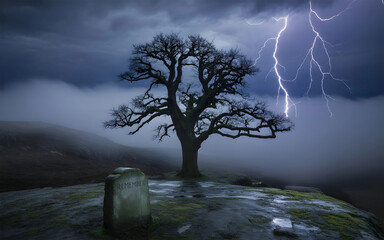 A dramatic night landscape with fog rolling over rocky hills, accented with bold neon blue highlights, cinematic contrast, creating depth and visual mystery.