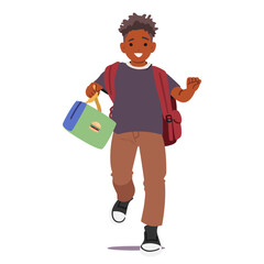 Happy excited schoolboy character running with lunchbox to canteen isolated n white background