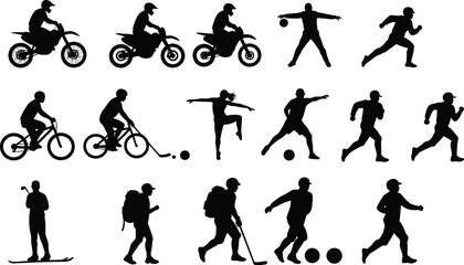 Silhouettes of people playing sports and outdoor activities, multiple athletes in motion, physical fitness icons, sports lifestyle vector illustration, recreational and competitive movement set