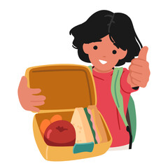 Cute schoolkid cartoon character showcasing lunchbox with healthy balanced breakfast vitamin food