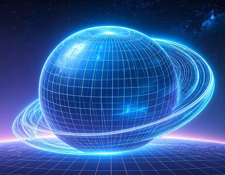 Futuristic glowing planet with rings in cosmic space