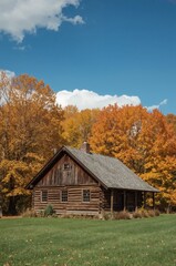 wooden cabin with autumn trees