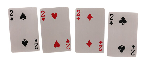 Flying playing cards for poker and gambling, set four deuces isolated on white, clipping path