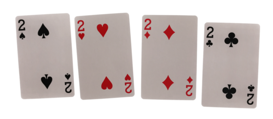 Flying playing cards for poker and gambling, set four deuces isolated on white, clipping path
