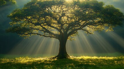 Solitary ancient tree bathed golden sunbeams on a grassy meadow dawn image