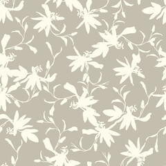 Vector floral seamless pattern with silhouettes of exotic flower branches. Fashionable wallpaper with flowers on a beige background. Ideal for textiles, packaging, etc.