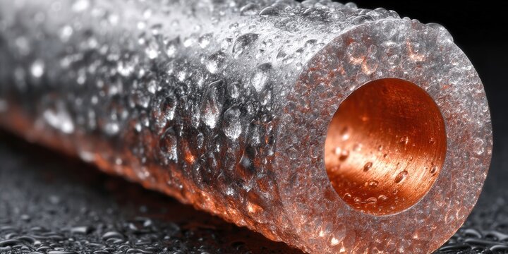 A stunning close-up of a copper tube, glistening with water droplets, showcasing intricate details and textures.