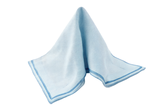 Light-blue fabric cloth, folded in a triangle, against a black background.  The cloth has a slightly textured surface and thin, contrasting blue borders