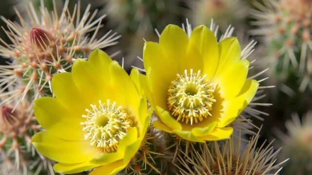 Flowering cactus plants, Yellow flowers of Opuntia sp. polyacantha in Canyonlands National Park, Utha.