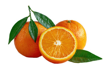 Close-up of two whole oranges and one sliced orange, vibrant orange color, fresh leaves