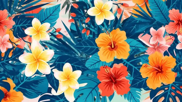 Digital tropical floral pattern, vivid hibiscus and jungle leaves gently swaying in stylized sunlight, vibrant animation