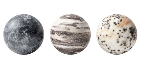 Three spherical decorative items, possibly stone or agate, exhibit varying mottled patterns