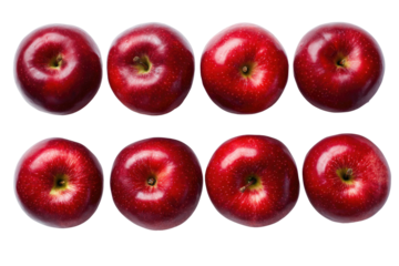 Top-down view of nine vibrant red apples, arranged in two rows.  Each apple is a perfect circle, showing a glossy, deep red skin and a subtle, paler red core.  Dark black background