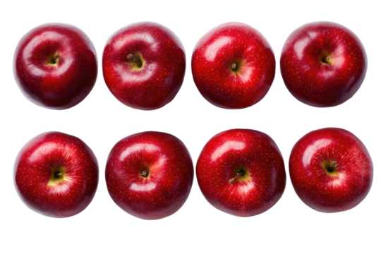 Top-down view of nine vibrant red apples, arranged in two rows.  Each apple is a perfect circle, showing a glossy, deep red skin and a subtle, paler red core.  Dark black background