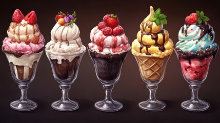 Five delectable ice cream sundaes in glass dishes, showcasing various flavors and toppings.