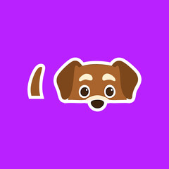 A cartoon dog's head and tail, outlined in white, displayed against a vibrant purple backdrop.  The dog is brown, with simple features like round eyes and a small nose