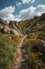 trail over a hill surrounded by lush greenery