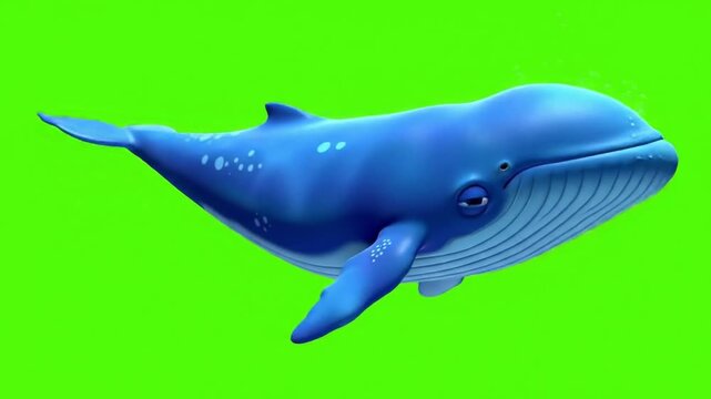 A blue 3D cartoon whale swimming against a green screen background with a slight upward tilt.