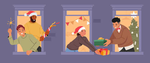 People neighbors celebrating Christmas with sparkling lights and exchanging gifts in window frames