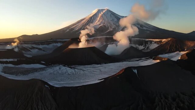 Volcanic landscape with steaming fumaroles and snowcapped mountain