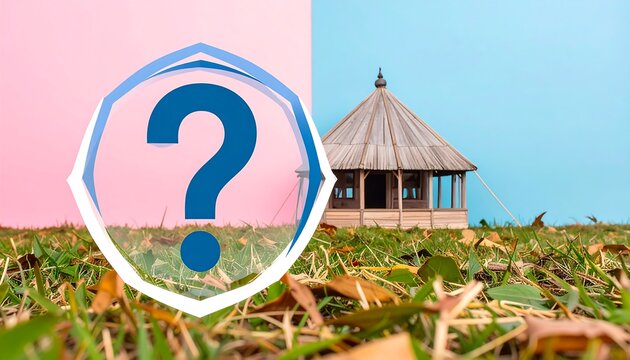 Wooden hut, question mark, pastel background