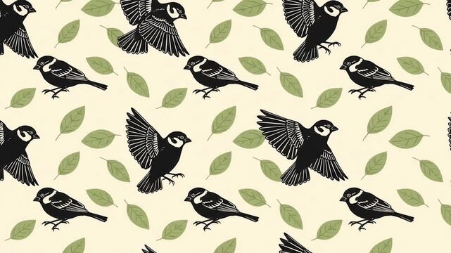 Flying Bird Pattern Background with Green Leaves in Repeat Seamless Design