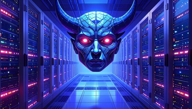 Futuristic server room with a menacing digital face