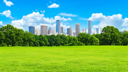 Fototapeta premium Urban Skyline Behind Lush Green Park