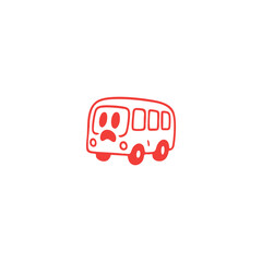 Simple red outline of a cartoon bus with sad eyes