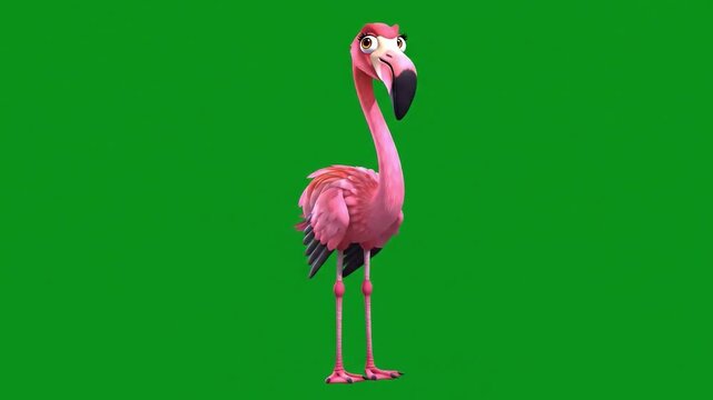 A pink flamingo 3D cartoon character stands on a green screen background, looking to the right with a neutral expression. - Powered by Adobe