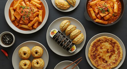 An overhead shot of a variety of korean dishes including tteokbokki, gyoza, and kimbap on plates