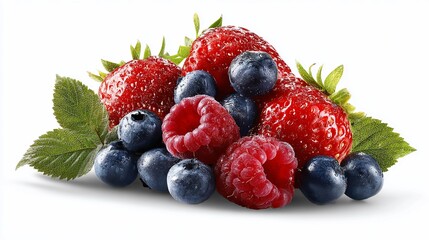 Obraz premium Fresh Mixed Berries Including Strawberries Raspberries and Blueberries with Green Leaves on White Background