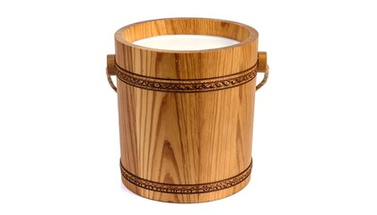 Wooden milk pail, filled with creamy liquid
